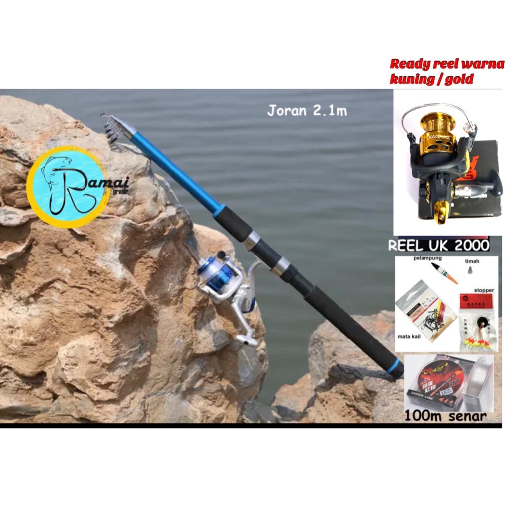 SATU SET JORAN 2.1M PREMIUM REEL UKURAN 2000 WARNA BIRU BONUS BANYAK BONUS SENAR 100M SIAP PAKAI BISA UNTUK PINGGIR LAUT KEKUATAN MAX 8KG