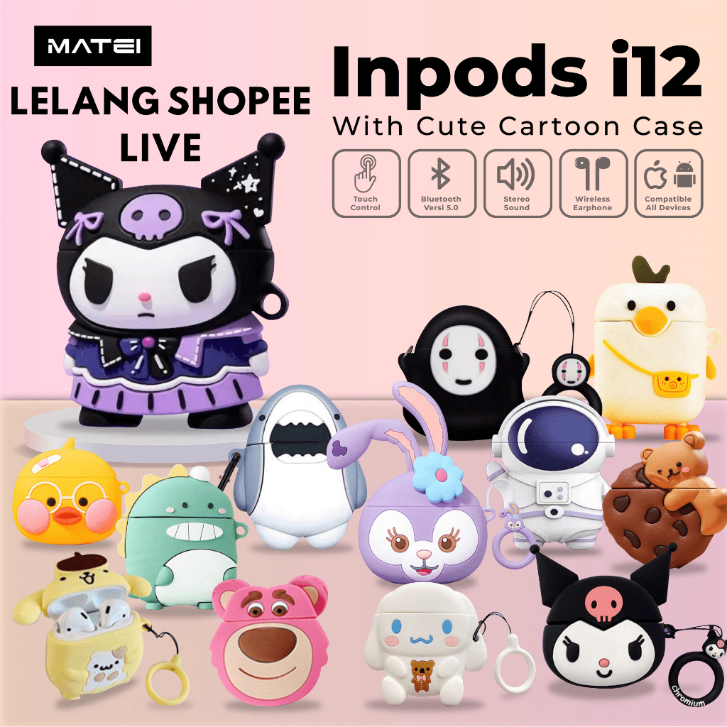 [LELANG LIVE] Matei Headset Bluetooth inpods 12 TWS Earphone Casing Kartun True Wireless Stereo HIFI