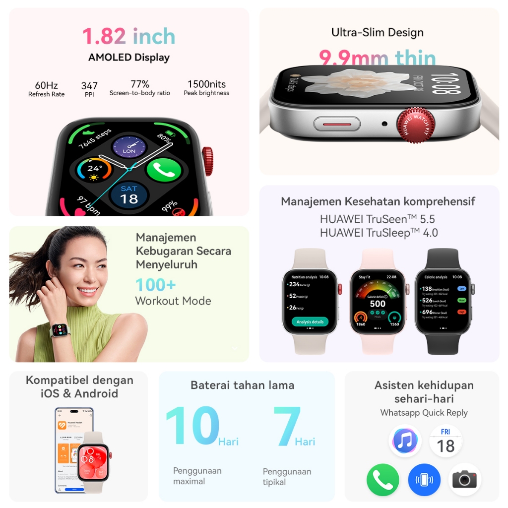 HUAWEI WATCH FIT 3 Smartwatch / Ultra-Slim Bezel-Free Design / 1.82" AMOLED Display / All-Round Fitness Management / Up to 10-Days Battery Life - Gambar 2