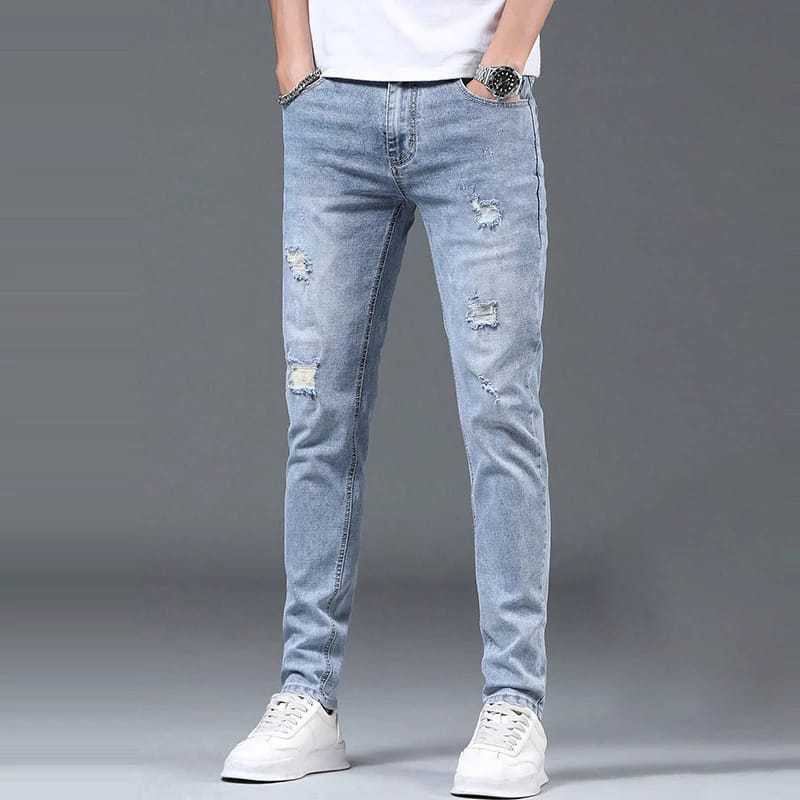 BARBARARSTORE Men's ripped jeans, grey, slim fit, stretch, long, ripped ...