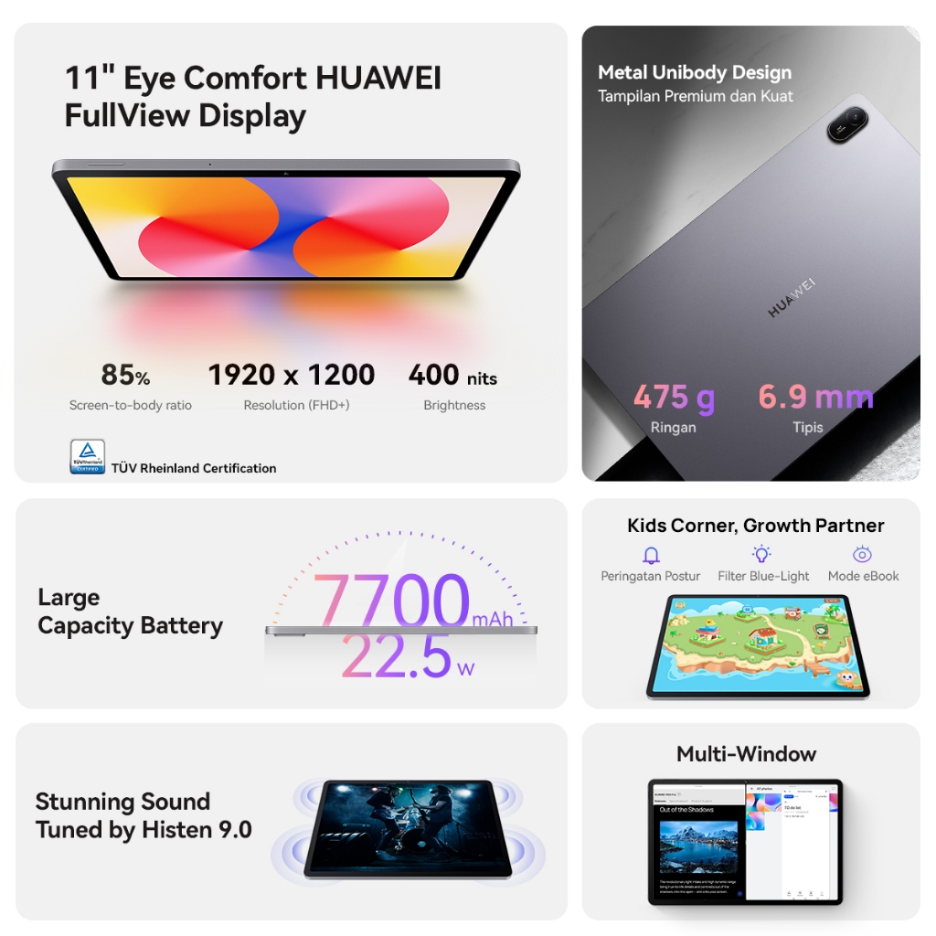 [8.8 s/d 20%*] HUAWEI atePad SE 11" Tablet [up to 8+128GB] / FHD+ Eye Comfort Display / 7700mAh / Metal Unibody - Gambar 2