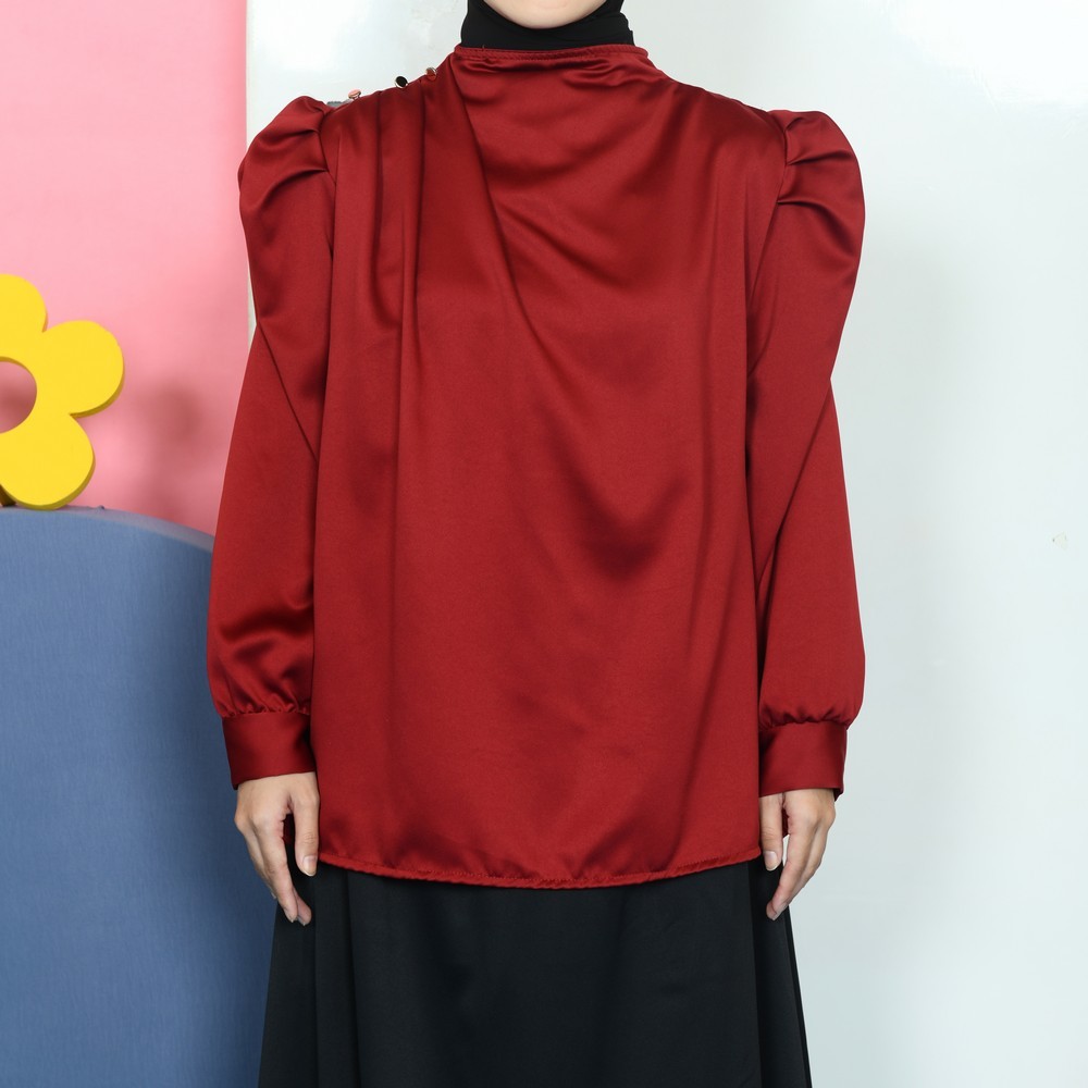 Mybamus Jena Balloon Puff Tops Atasan Kerja Blouse Bahan Satin Kondangan Kekinian - Gambar 2