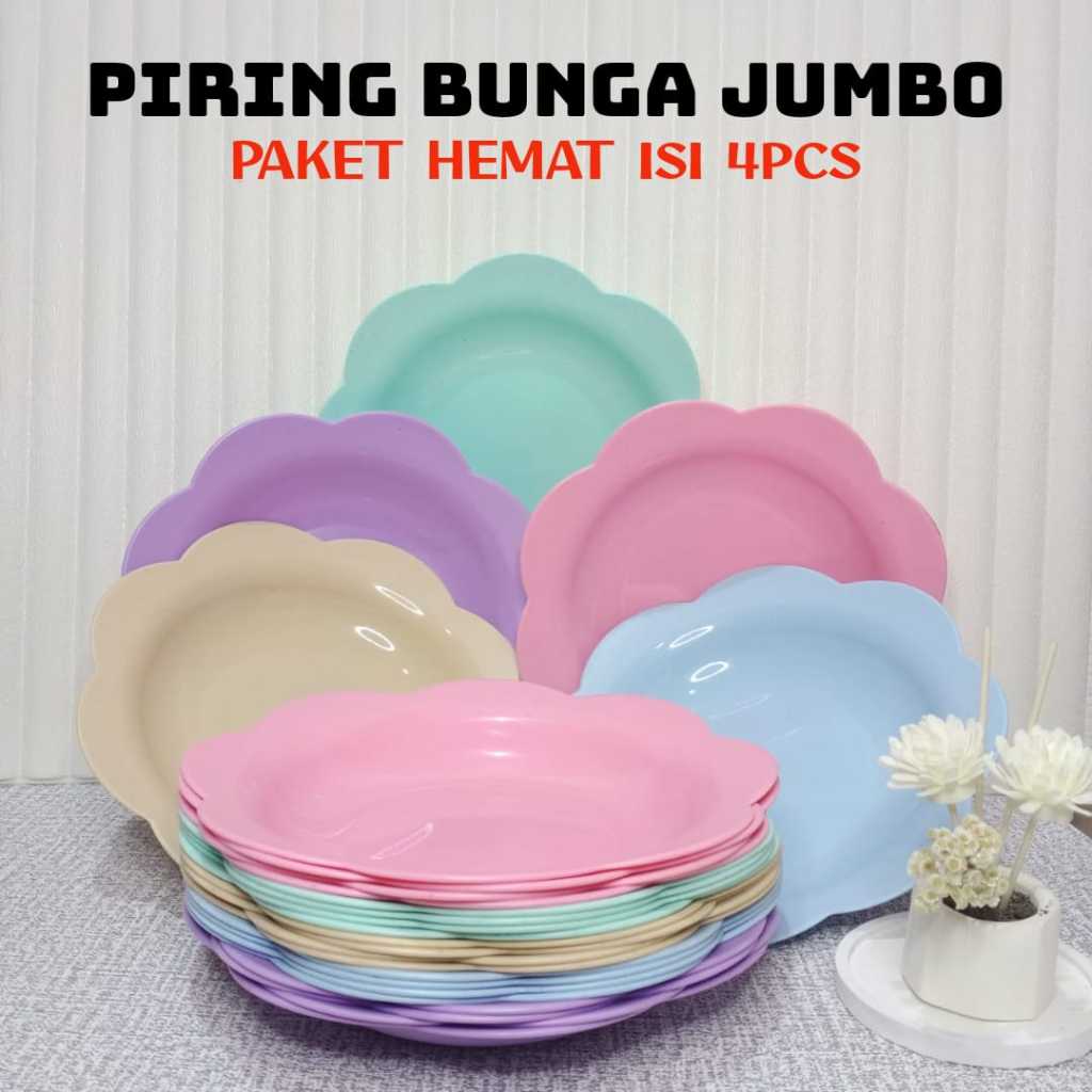 Dreamyhouse PAKET HEMAT 4PCS SET PIRING MAKAN PLASTIK JUMBO MODEL BUNGA PIRING JERAMI GANDUM LUCU