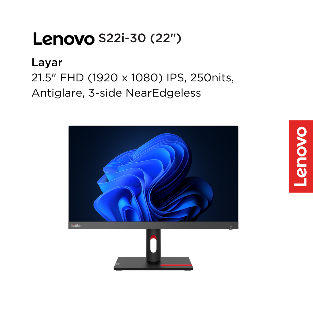 Lenovo Monitor ThinkVision S22i-30 63FCKARBWW Raven Black 21.5" FHD IPS 250nits 75Hz 99% sRGB Antiglare WLED Backlight Tilt VESA HDMI Cable Garansi Resmi 3 Tahun Pick-up & Repair S22i 22inch NearEdgeless - Gambar 2