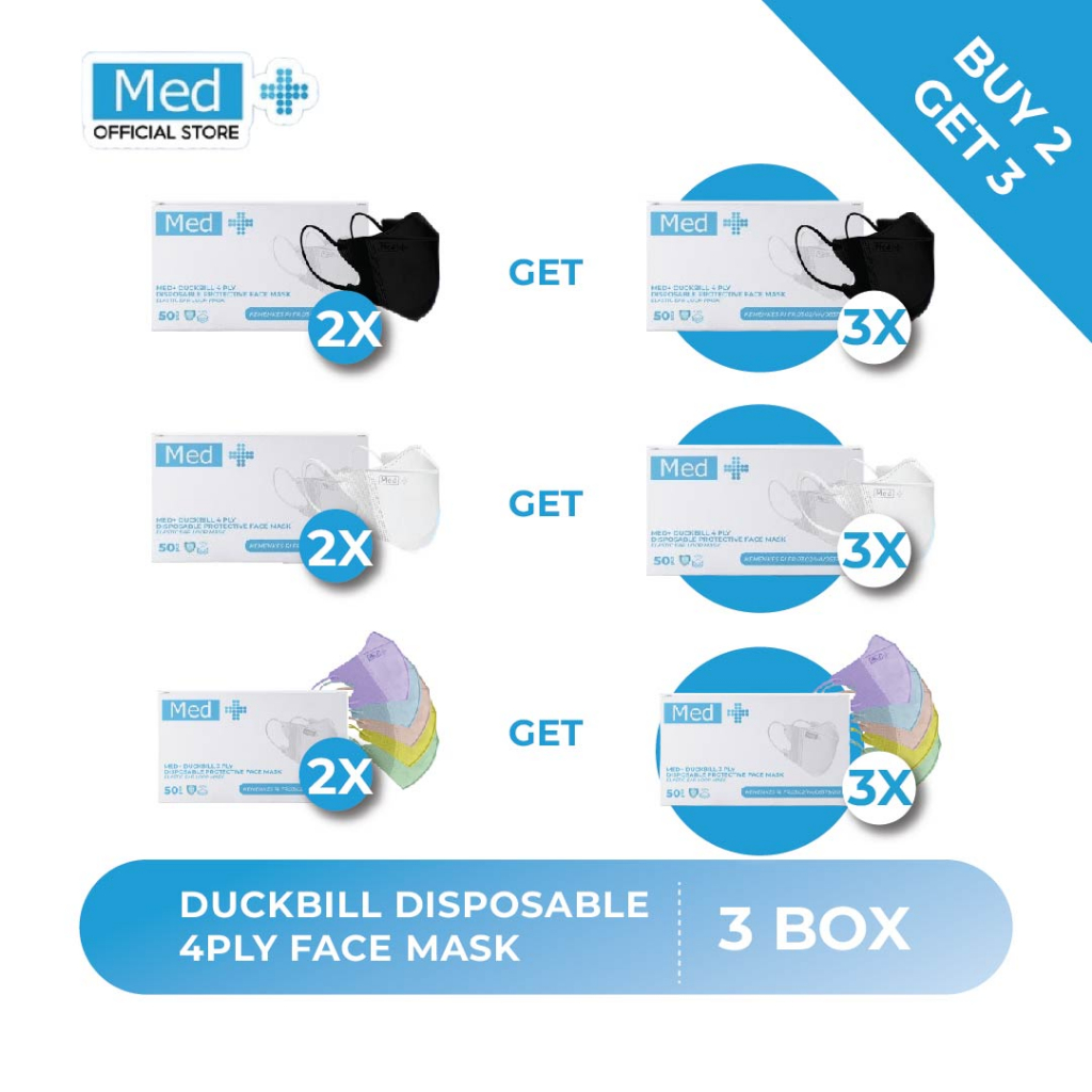 Med+ Masker Duckbill 4ply Putih/Hitam/Mix Pastel 50 Pcs/Masker Duckbill Kemenkes Disposable Face Mask (3pack)