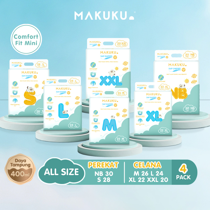 [4 PACK] MAKUKU SAP Diapers Comfort Fit Pants/Tape NB/S/M/L/Xl/XXL Popok Bayi Tipis Extra Dry Anti Gumpal Mengunci Cairan Cepat Kering Type Celana/Perekat