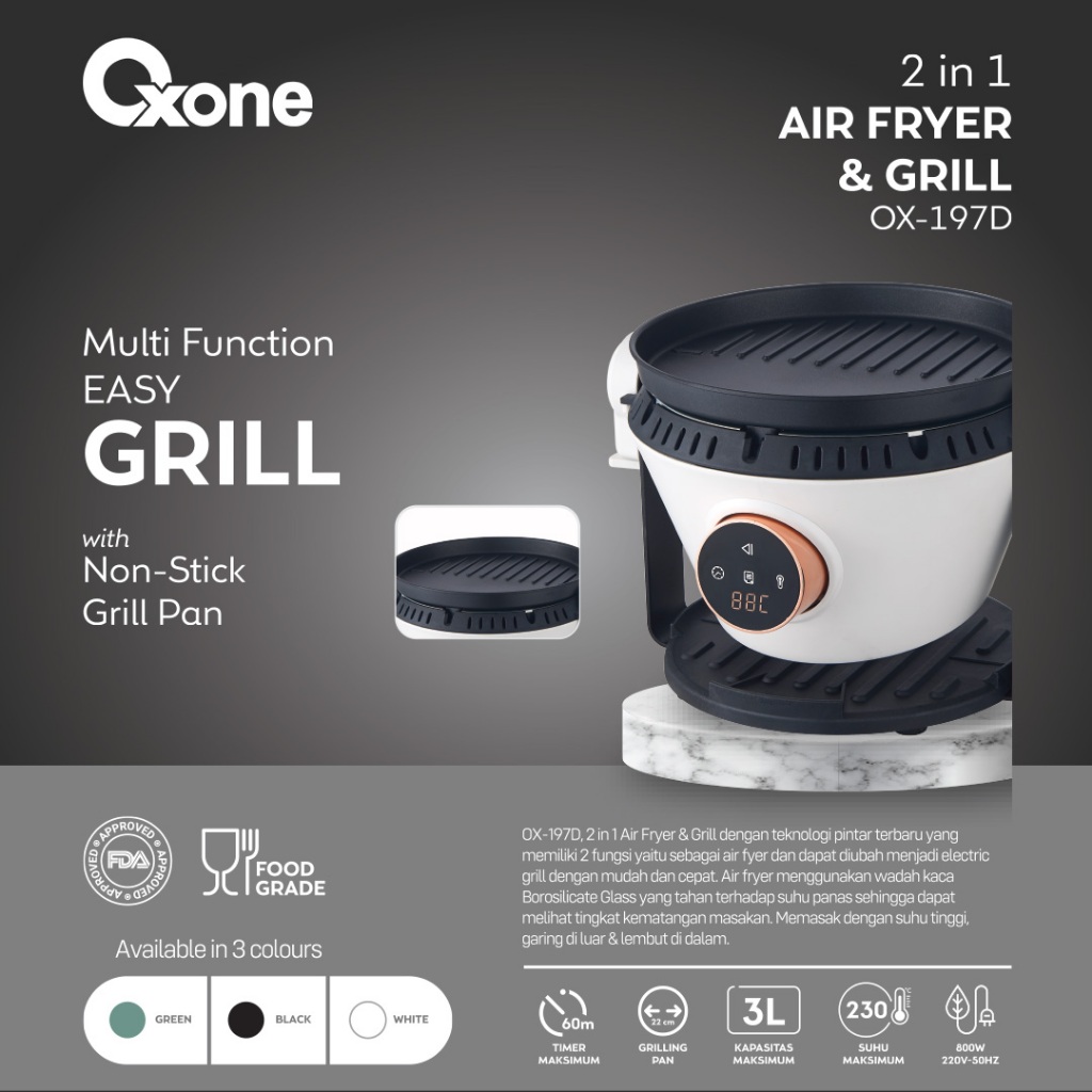OXONE OX197D 2 in 1 Air Fryer and Grill Multi Function Easy Grill / Anti Lengket - Gambar 4