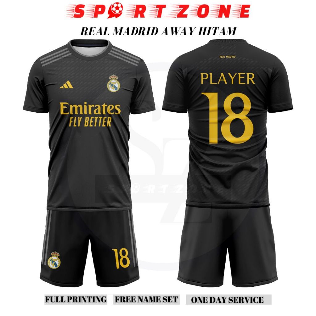 Hitam Jersey Baju Bola Real Madrid Away Black 2023 2024 Full Printing