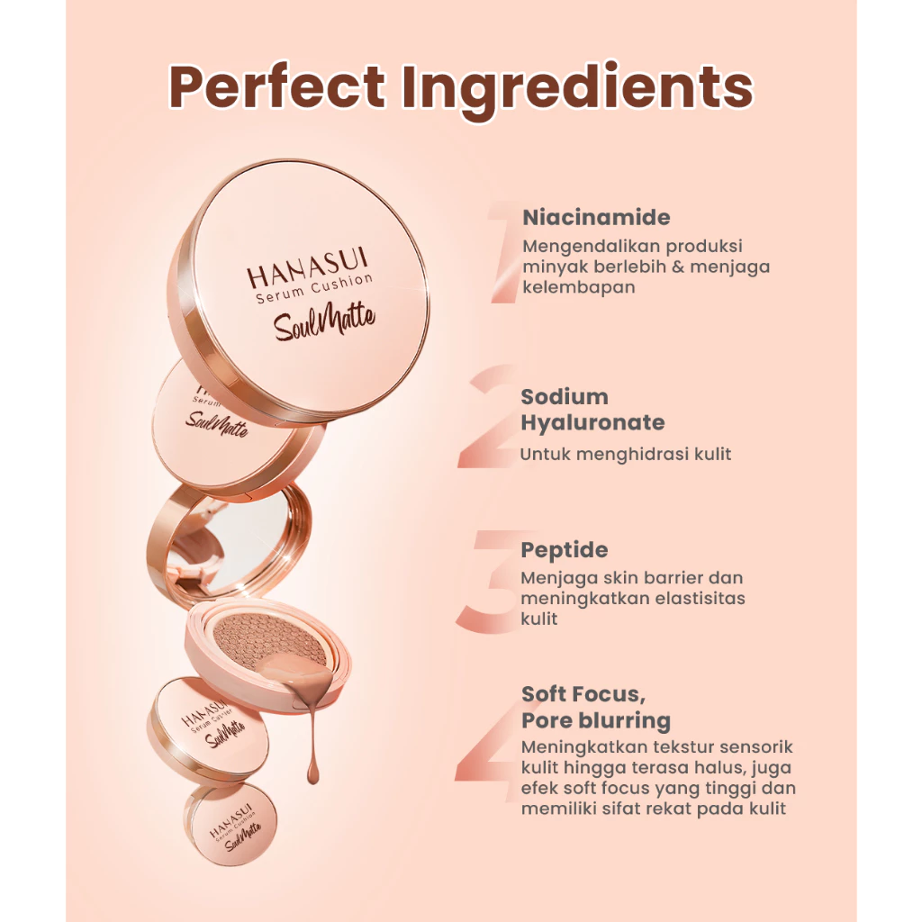 Hanasui Serum Cushion Soulmatte - Matte Finish UVA & UVB Protection Perfect Coverage Menyamarkan Pori-Pori Garis Halus Noda Wajah - Gambar 3