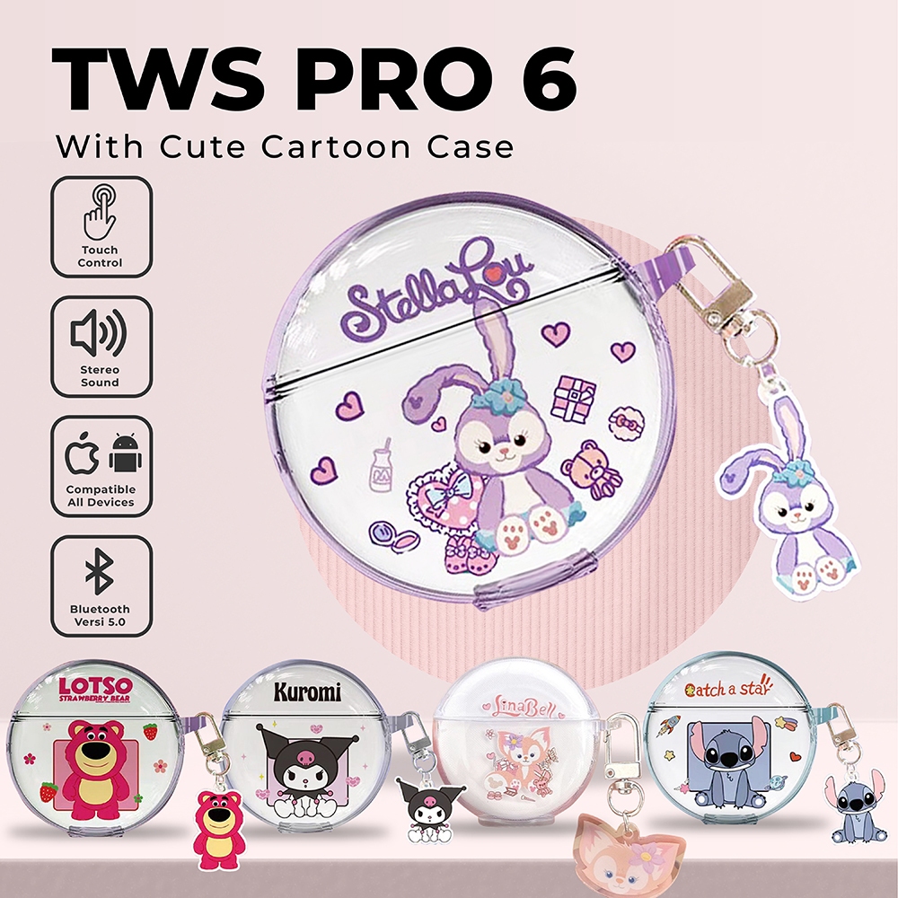 Matei Inpods Pro 6 TWS Earphone Headset Bluetooth Bass Stereo 9D Headphone Olahraga Case Kartun Lucu