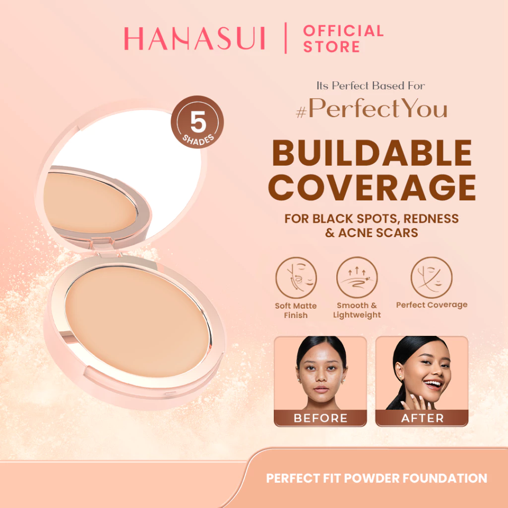 Hanasui Perfect Fit Powder Foundation - Two Way Cake - Bedak Padat - Oil Control - Kontrol Minyak - Ringan dan Tahan Lama