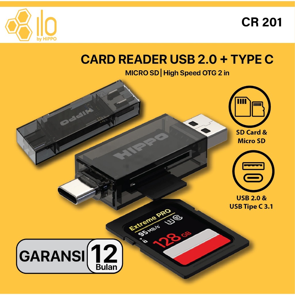HIPPO CARD READER CR-201 USB A & C 2.0 TO SD-TF-CARD - Gambar 2