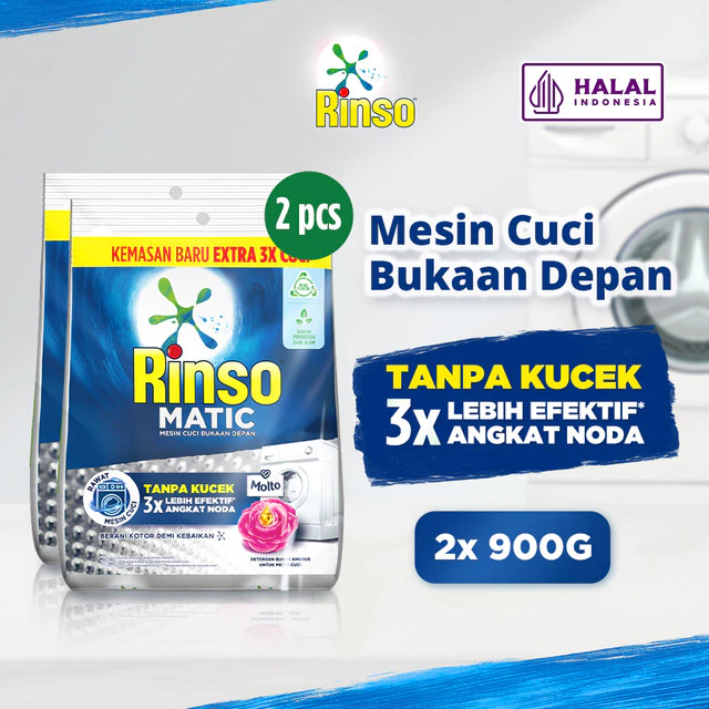 Rinso Detergent Bubuk Konsentrat Deterjen Matic Mesin Cuci Bukaan Depan 900 g x2