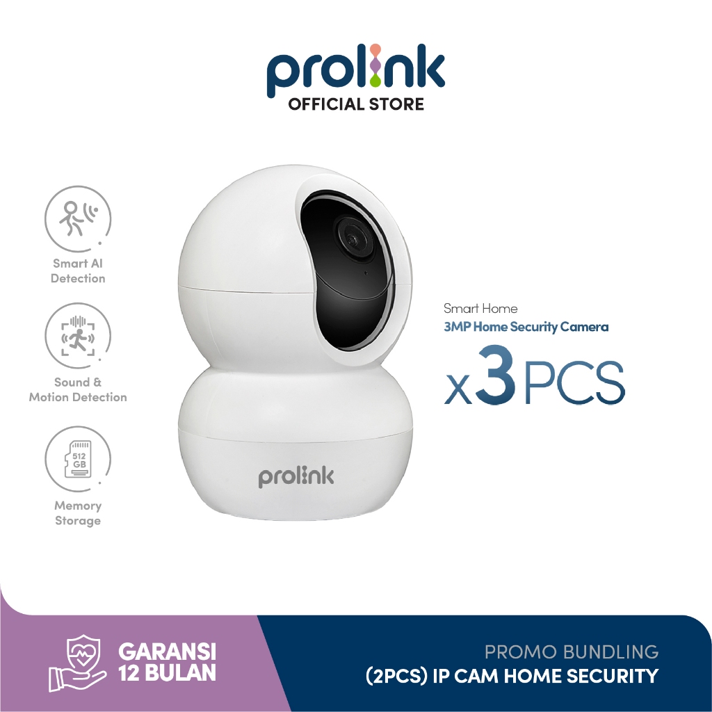 Bundle 3 pcs Prolink 3MP 2K Clear HD Smart IP Cam CCTV Wifi Indoor Full HD PTZ Control Pan 360 Wide Angle 110 Baby Monitor AI Pendeteksi Manusia 2 Way Audio Support ONVIF
