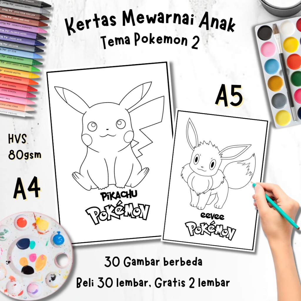 30 Sheets of Pokemon Theme Coloring Paper 2 A5 & A4 - Educational ...