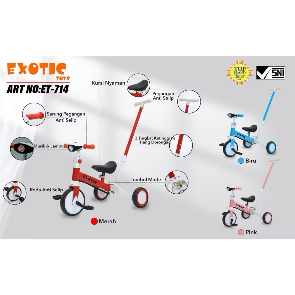 Sepeda balance bike roda tiga 4in1 Exotic ET 714 sepeda dorong keseimbangan - Gambar 3