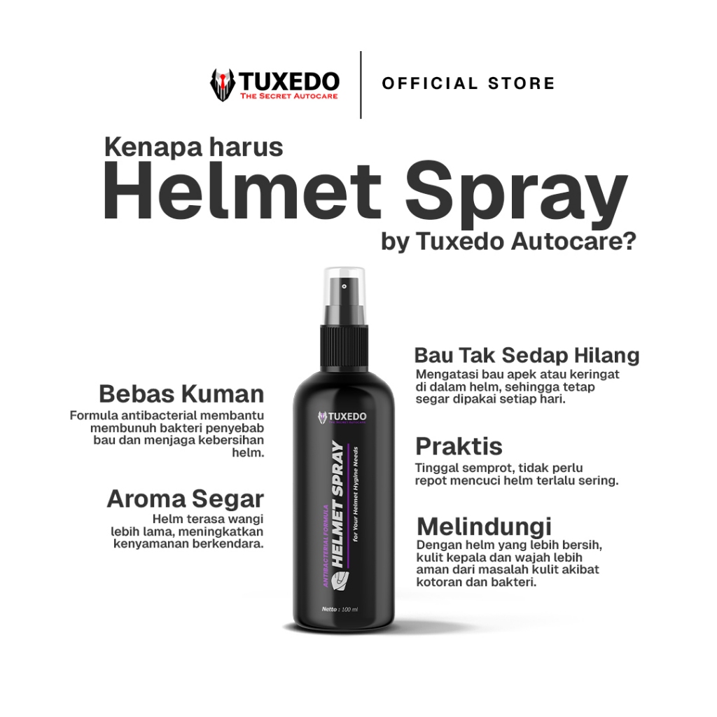 Tuxedo Autocare - Antibacterial Helmet Spray (Penghilang Bau Apek Helm) - Gambar 3