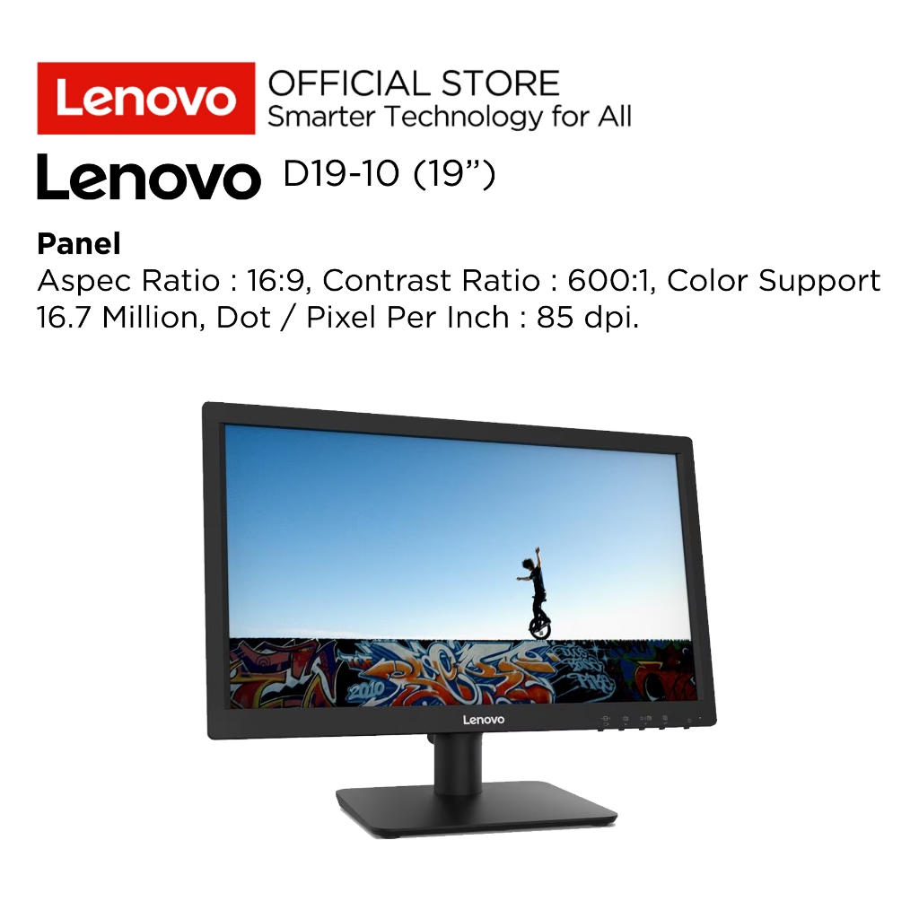 Lenovo Monitor D19-10 18.5" 1366x768 TN WLED Antiglare 60Hz 72% NTSC Supports VESA mount Stand Supports -5° to +22° tilt Response Time 5 ms, Garansi Resmi Lenovo Indonesia 3 Tahun 61E0KAR6ID Black - Gambar 3