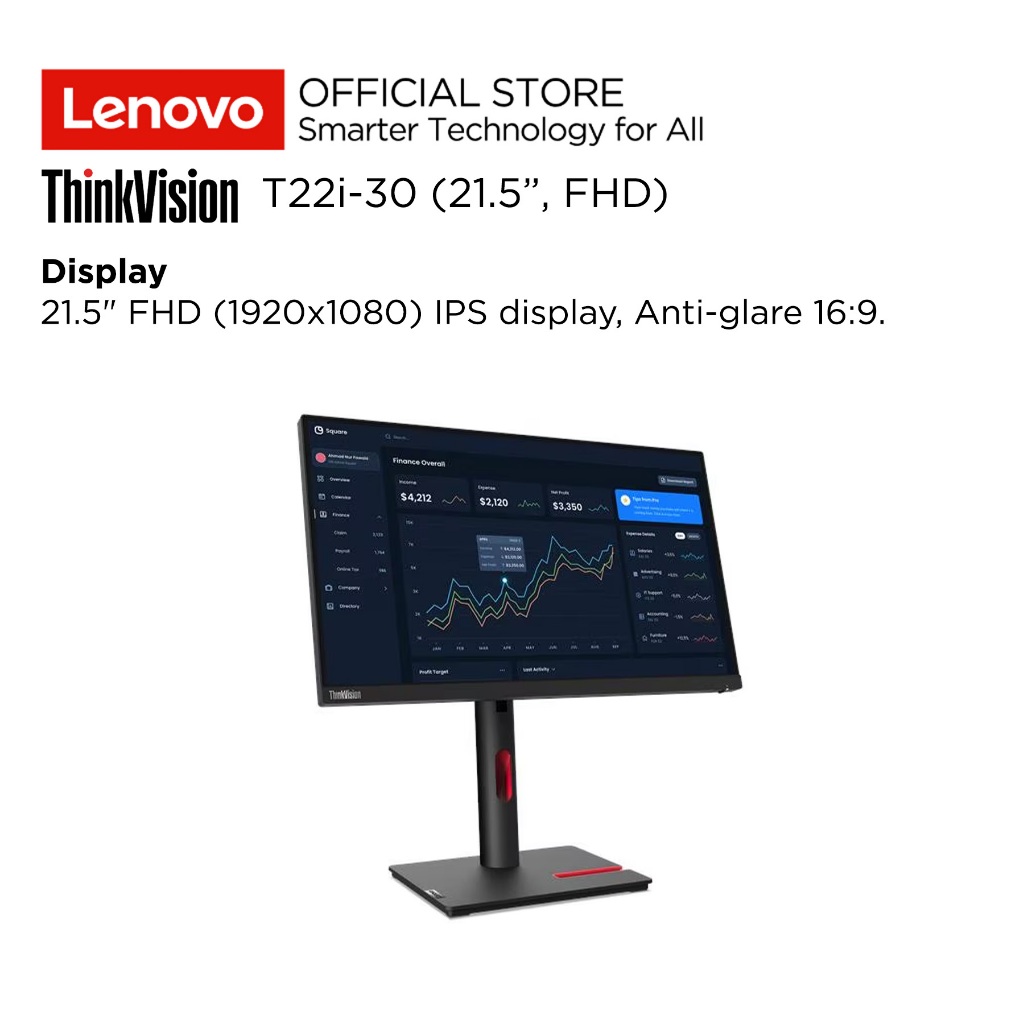 Lenovo Monitor ThinkVision T22i-30 21.5" FHD IPS 60Hz Antiglare 99% sRGB Tilt, Swivel, Pivot, Height Adjust Stand Supports VESA mount 100mm 22inch Garansi Resmi Lenovo Indonesia 3 Tahun 63B0MAR6WW Raven Black - Gambar 2