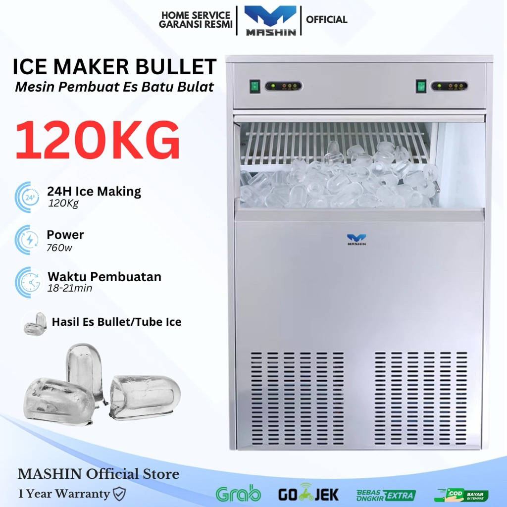 Mashin - Ice Cube Maker Bullet Ice Machine 50-120Kg/Hari Mesin Pembuat Es Batu