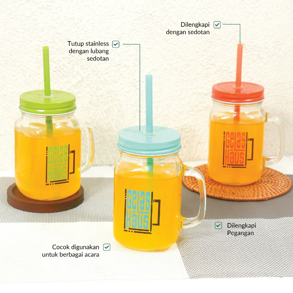 Gelas Minum Kaca Kopi Teh Mason Jar 450 ml - Gambar 2