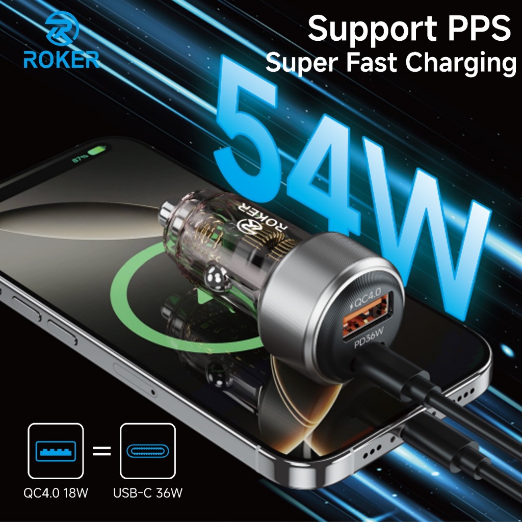 Roker Charger Mobil RX54 54Watt QC 4.0 & QC 3.0 PD 3.0 Super Fast Charging Dengan Support PPS samsung iphone 15 iphone 16 cepat penuh - Gambar 4