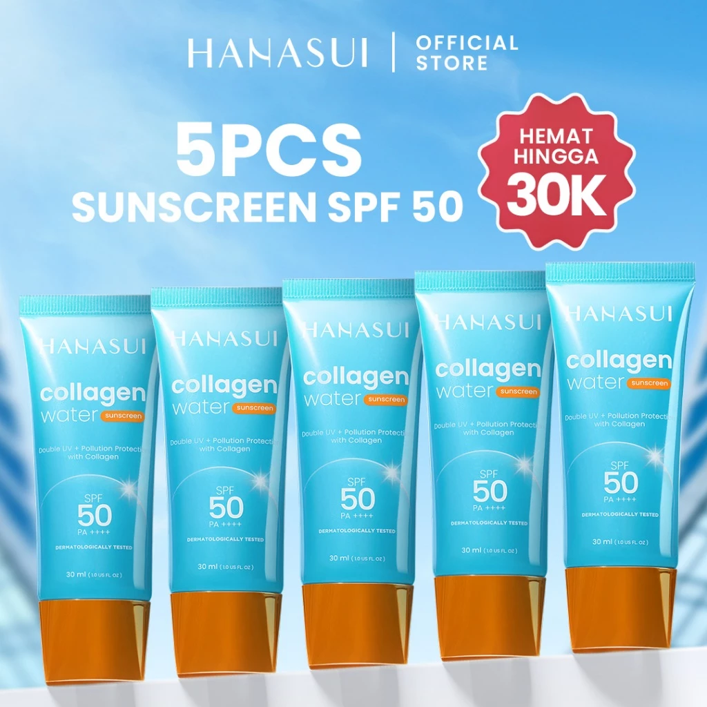 [5pcs Hemat] Hanasui Collagen Water Sunscreen - SPF 50 & SPF 30 - Ringan & Menenangkan Kulit No Whitecast Tidak Kusam Berminyak