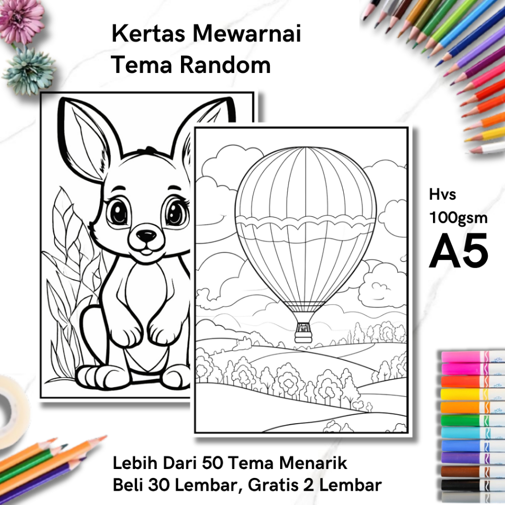 30 Lembar Kertas Gambar Mewarnai Tema Random A5 - Aktivitas Coloring ...