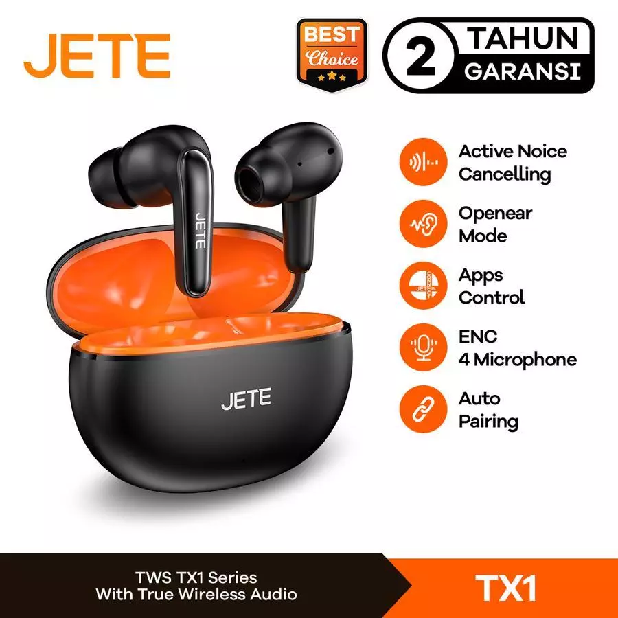 JETE TWS TX1 Active Noice Canceling IPX5 With ENC 4 Mic - Garansi 2 Thn (RTL)