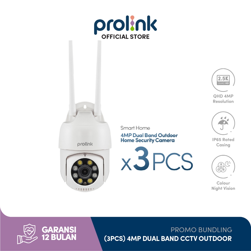 Bundle 3 pcs Prolink 4MP Smart IP Cam CCTV Wifi Dual Band Outdoor QHD 360° View Resolusi 2,5K Kamera IP65 Tahan Debu dan Air 2 Way Audio Motion and sound detection Support ONVIF