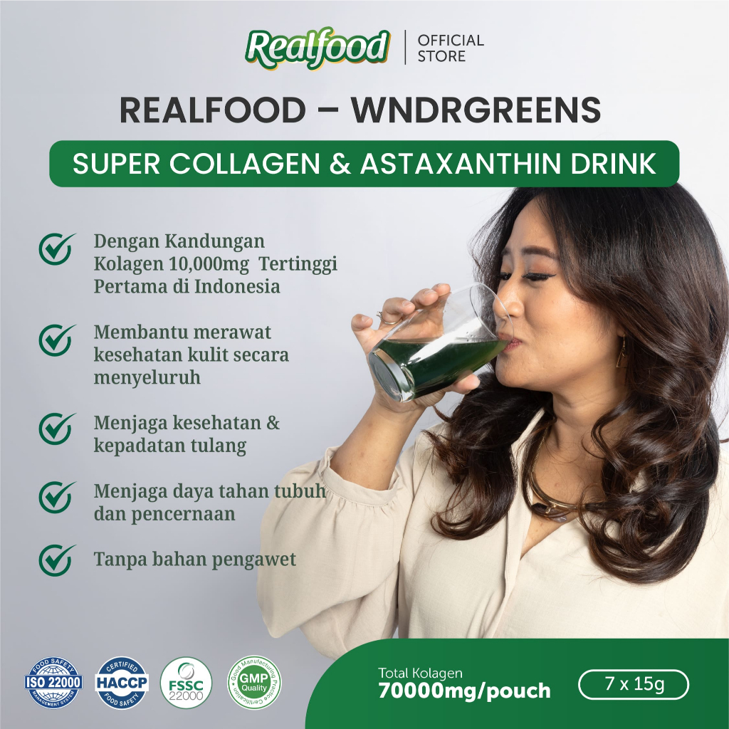 Realfood WNDRGREENS / Super Green Super Collagen Drink / Collagen 10000mg / Bird's Nest / Astaxanthin / Spirulina / Glutathione / Vitamin C / Klorofil / Green Tea EGCG / Multivitamin Greens / Skin Gut Immunity / Focus Energy - Gambar 3