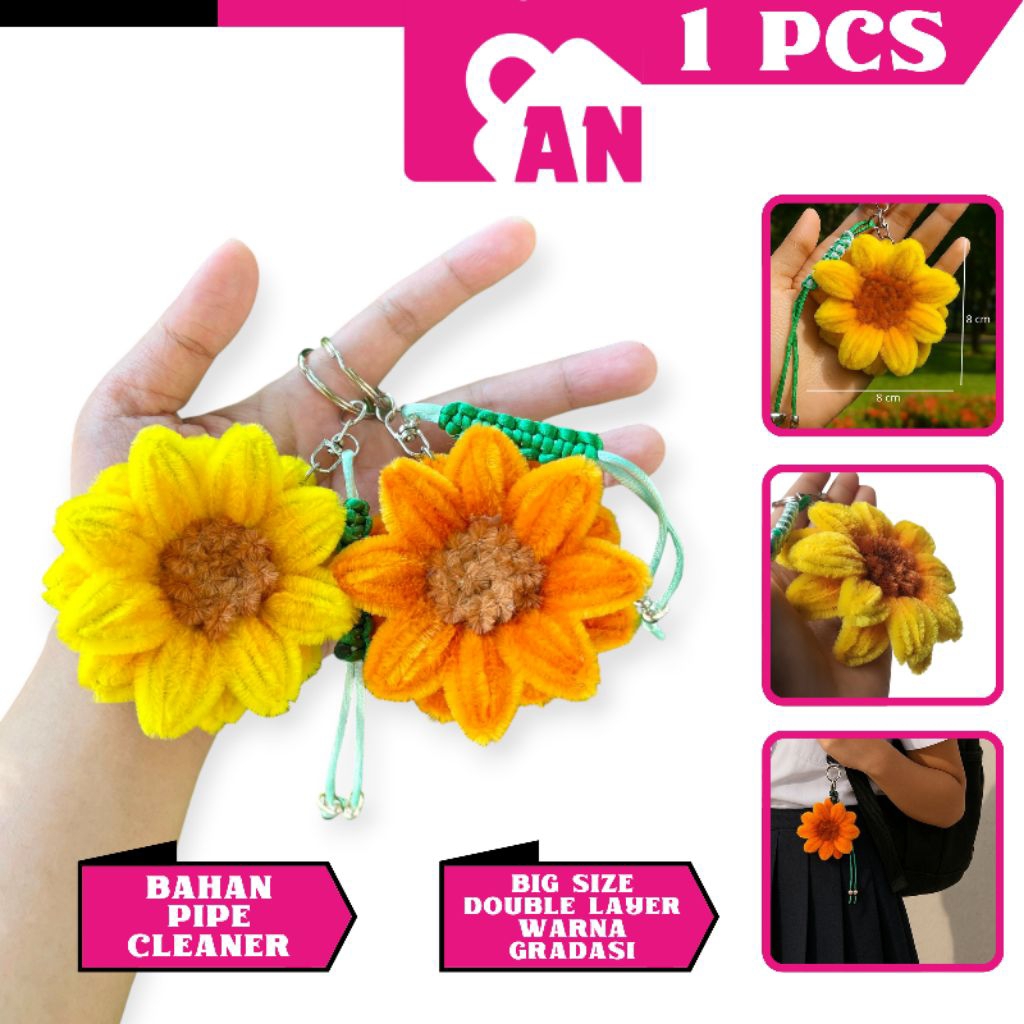 1PCS Gantungan Kunci Kawat Sunflower Rajut Macrame Motif Bunga Matahari Aksesoris Tas Keychain A124