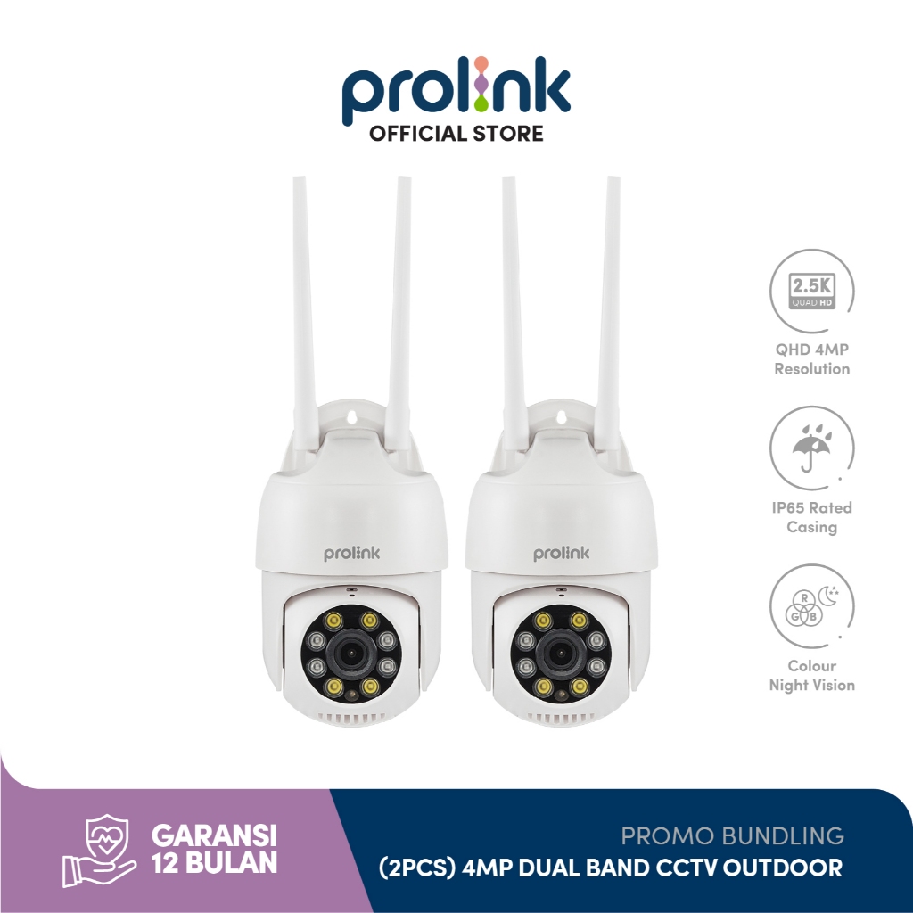 Bundle 2 pcs Prolink 4MP Smart IP Cam CCTV Wifi Dual Band Outdoor QHD 360° View Resolusi 2,5K Kamera IP65 Tahan Debu dan Air 2 Way Audio Motion and sound detection Support ONVIF