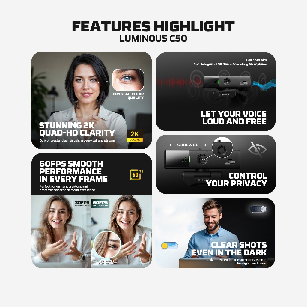 Fantech Luminous C50 / C-50 2K Quad HD Autofocus Webcam 360° Rotating - Gambar 2