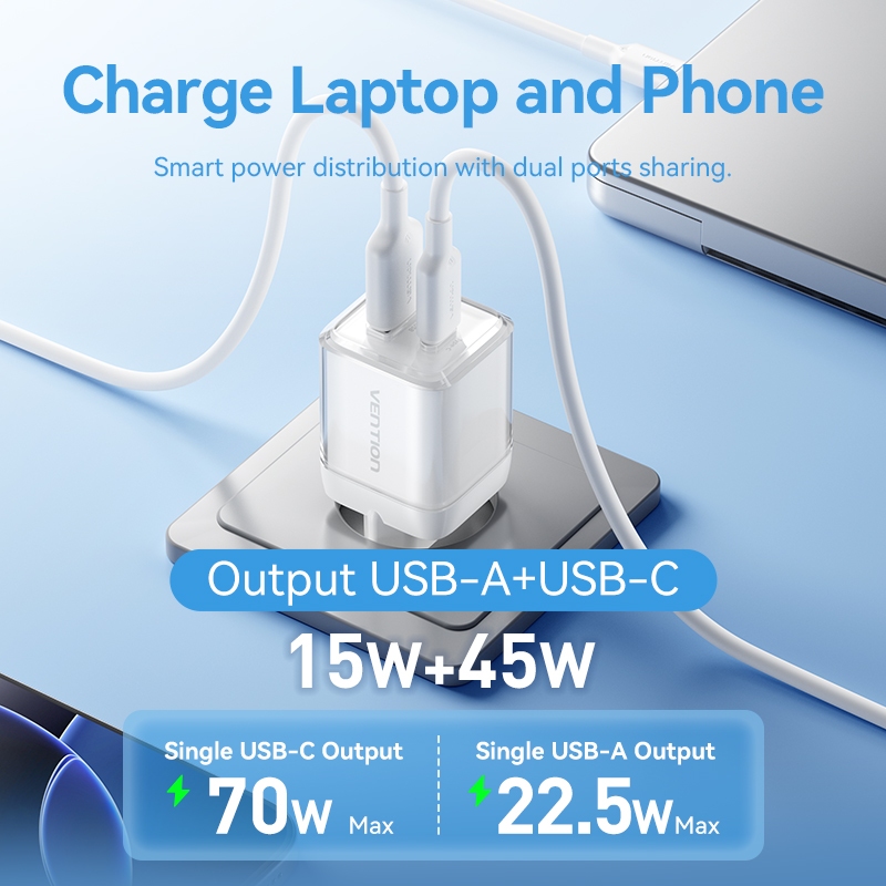 Vention GaN Charger 70W USB Type C Fast Charging Adaptor iPhone 15 16 Samsung Android PD PPS QC Dual Port Ice Series - Gambar 4