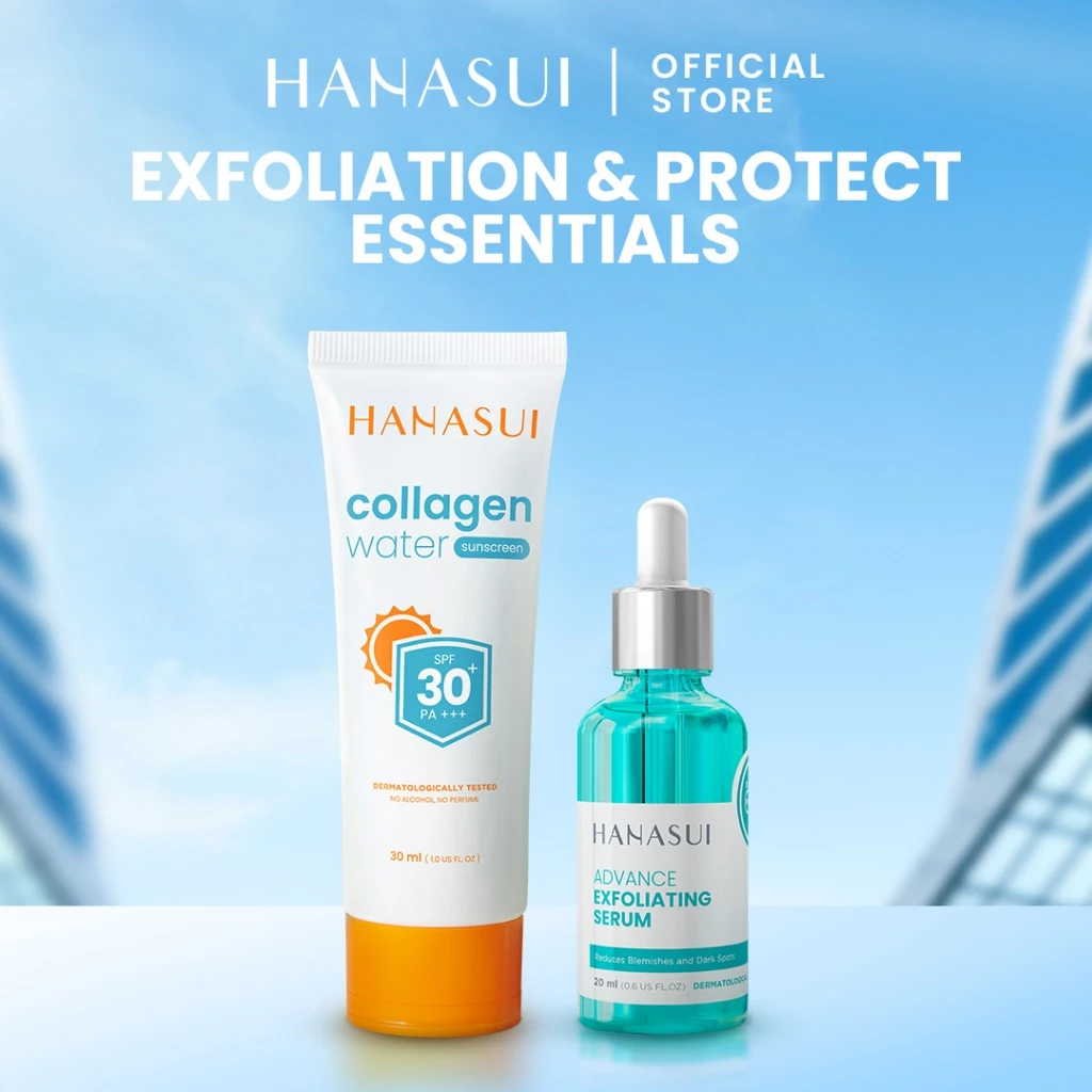 Hanasui Skincare Set Collagen Water Sunscreen SPF 30 Power Bright Expert Serum Exfoliating Serum Ceramide Probiotics Moisturizer Gel Mencerahkan Wajah