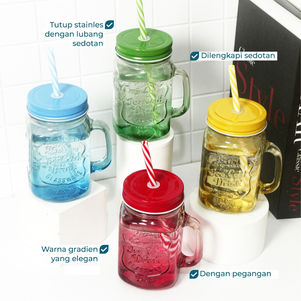 Gelas Minum Kaca Kopi Teh Mason Jar 450 ml - Gambar 3