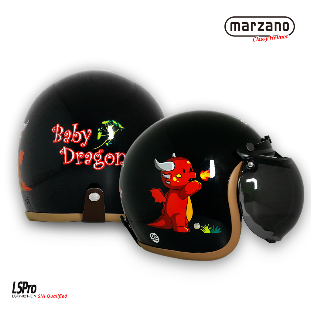 Marzano Helm Anak Retro Bogo Half Face Kids Series Baby Dragon Black Glossy Size S-XL Berstandar SNI