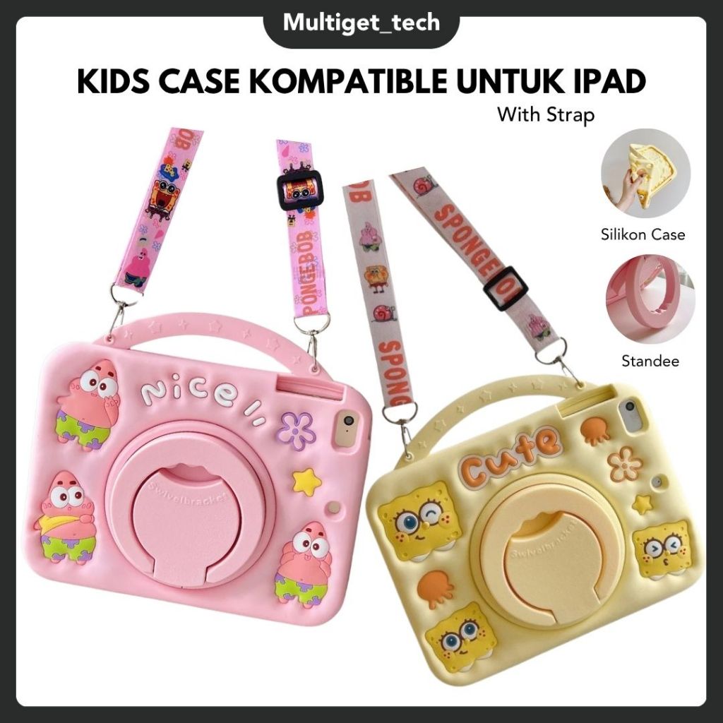 Case Ipad 11th Gen 10/ 9 8 7 10.2/ 6 5 9.7/Mini 1 2 3 4 5/ Pro 11/Air 1/2 Casing Tali Selempang Cover Motif Anak 360 Rotate Standing
