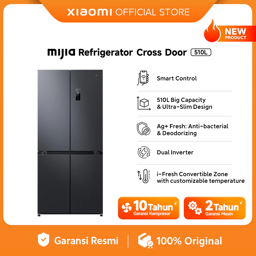 Xiaomi Mijia Refrigerator Cross Door 510L / Smart Control / 510L Big Capacity & Ultra-Slim Design / Ag+ Fresh : Anti-bacterial protection & Deodorizing / Dual Inverter / Kulkas 4 Pintu [Official Store]