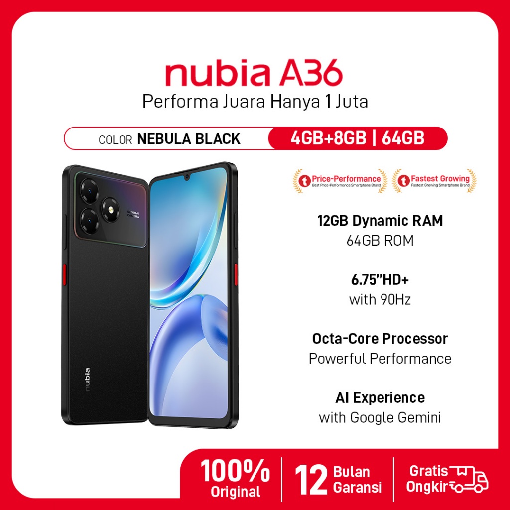 Handphone nubia A36 ROM 64GB RAM 12GB (4+8GB) Smartphone Kamera AI 13MP Layar 6.75" 90Hz, Baterai 5000mAh Fast Charging - Gambar 3