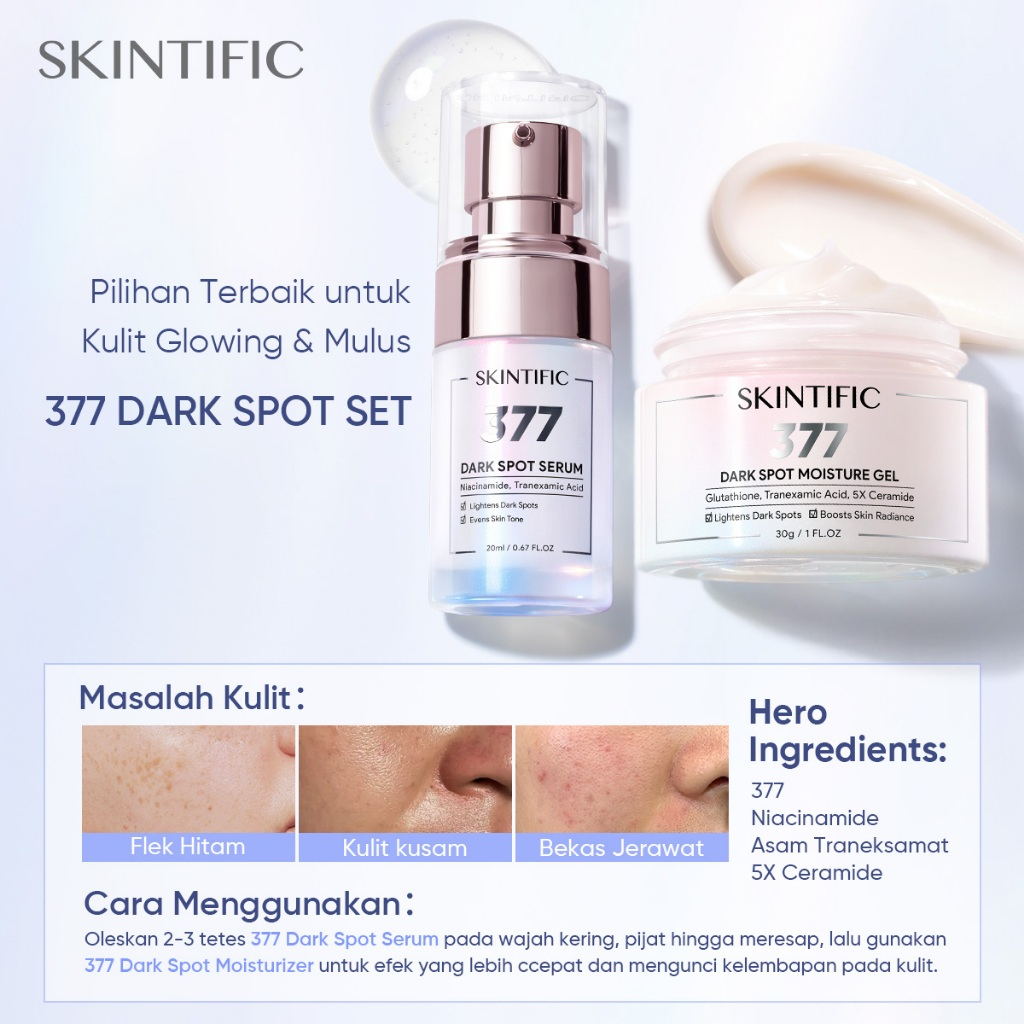 SKINTIFIC - 2PCS 377 Dark Spot Set / Moisturizer 30g + Serum 20ml - 14 Hari Flek Hitam Samar Menyamarkan Noda Hitam Warna Kulit Tidak Merata Kulit Kusam Bekas Jerawat PIH&PIE mencerahkan kulit Glass Skin Brightening Glowing Moist Whitening Moisture Ge - Gambar 3