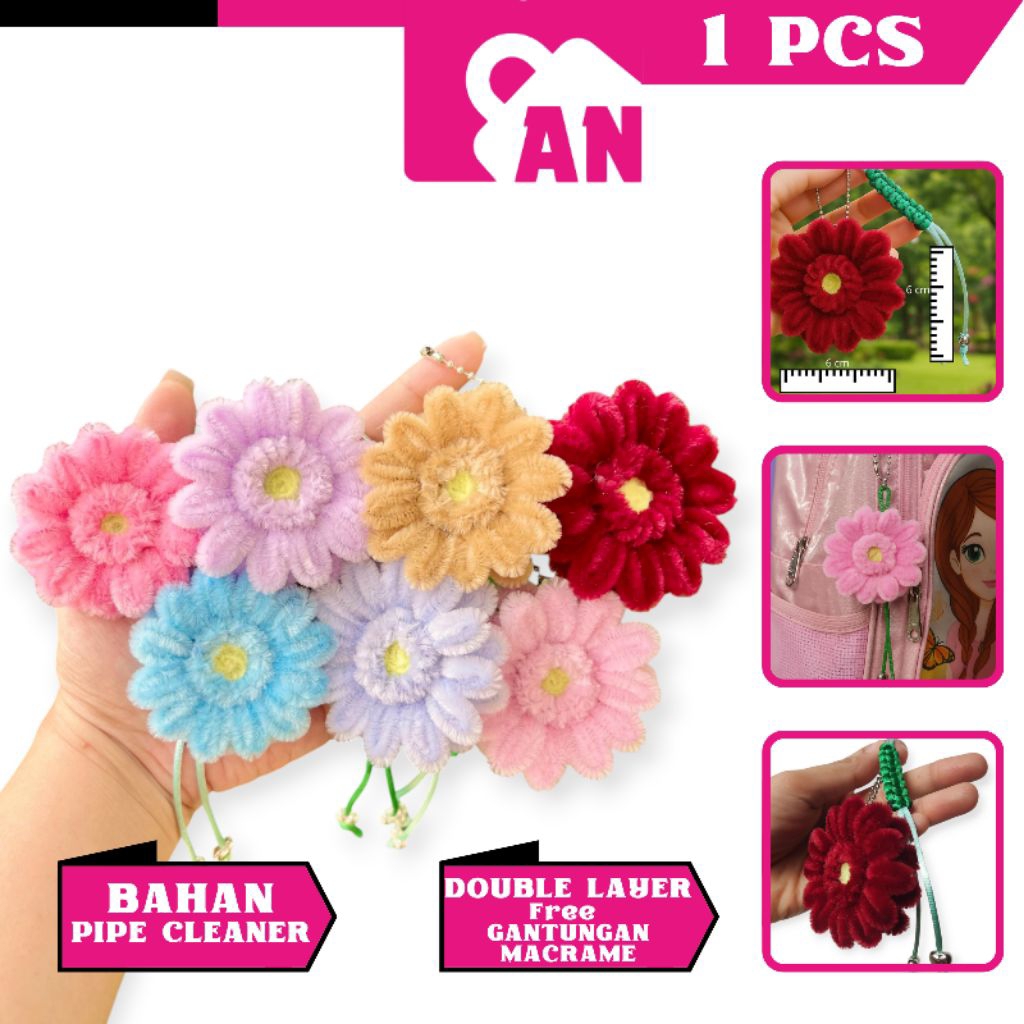 1PCS Gantungan Kunci Motif Bunga Kawat Tali Bulu Rajut Macrame Flower Aksesoris Tas Keychain A123