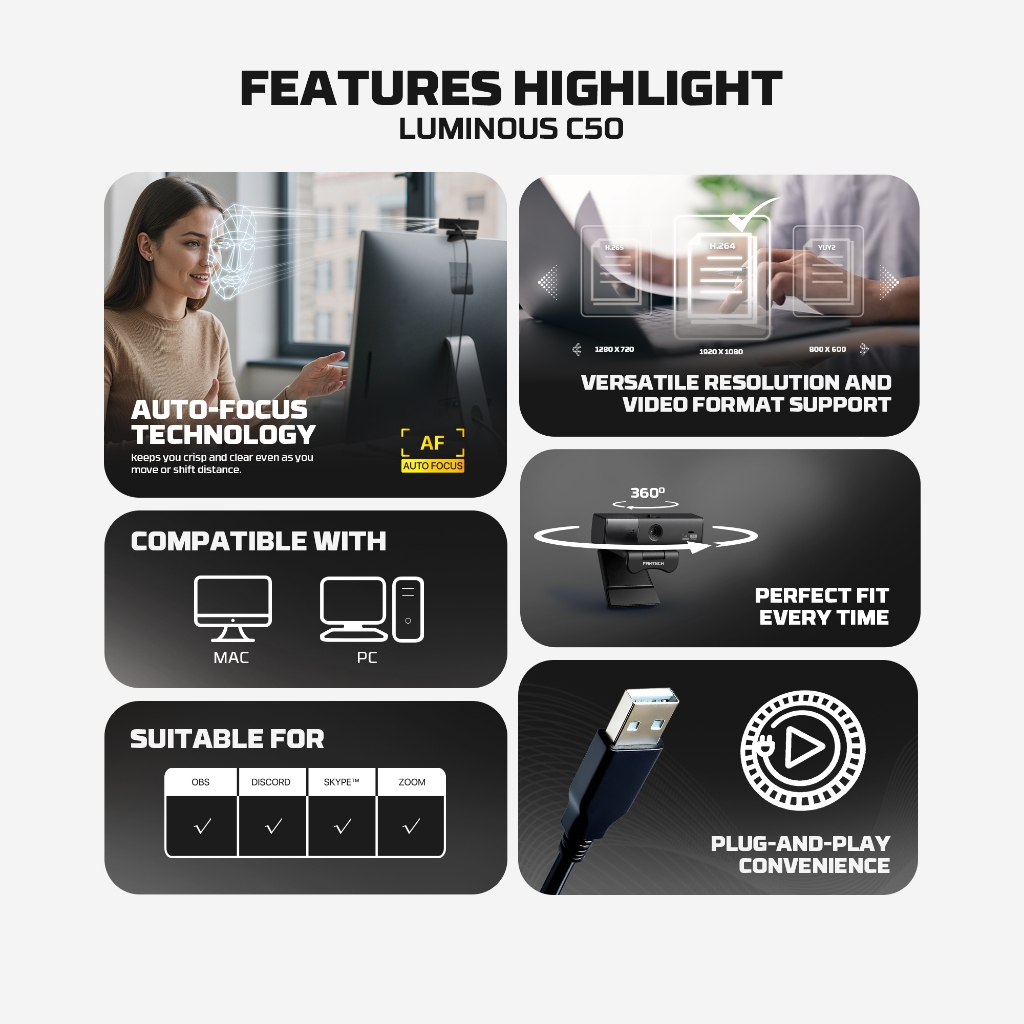 Fantech Luminous C50 / C-50 2K Quad HD Autofocus Webcam 360° Rotating - Gambar 3