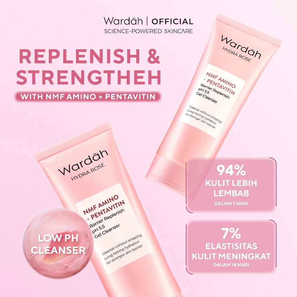 Wardah Face Wash Hydra Rose NMF Amino Pentavitin Barrier Replenish pH 5.5 Gel Cleanser 100 mL - Sabun Cuci Muka Gentle Acid Mantle Expert Hydrating Foam yang Membersihkan dengan Gentle Kulit Sehat dan Skin Barrier Terlindungi - Skincare - Gambar 4