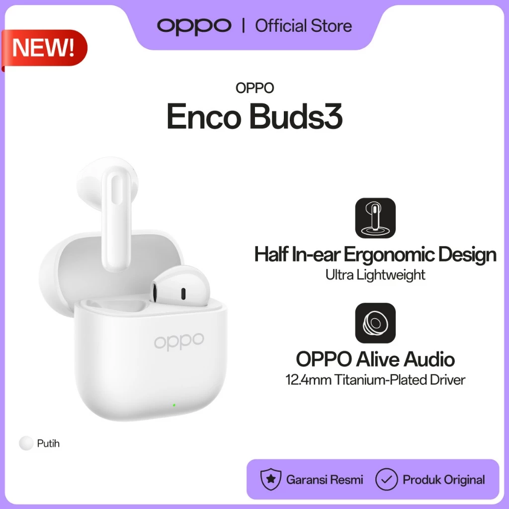 OPPO Enco Buds3 True Wireless Earbuds [Half In-ear Ergonomic Design, 48 Hours Long Battery Life, AI Translate] - Gambar 2
