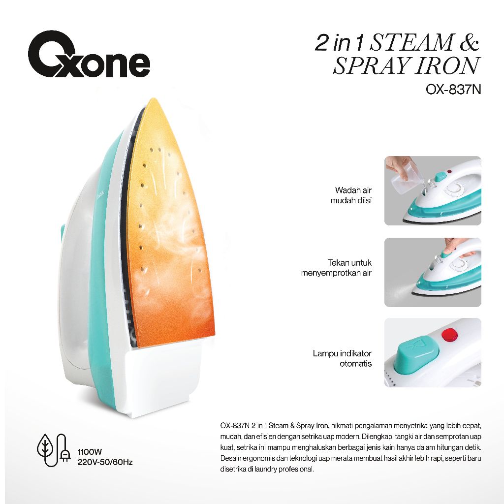 Oxone OX837N 2in1 Steam and Spray Iron Setrika Uap - Gambar 3