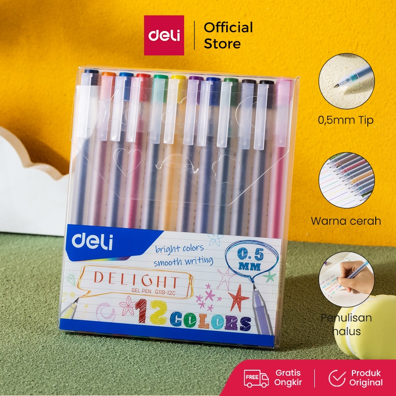 Deli School Gel Pen / Pulpen Gel 0.5 mm 12 Warna Penulisan Halus EG119-12C