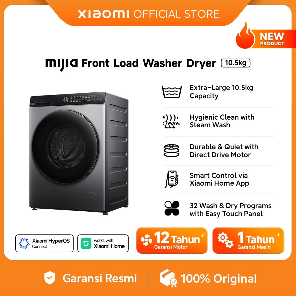 [Unit Only] Xiaomi Mijia Mesin Cuci Front Load Washer Dryer 10.5kg / Steam Wash / Direct Drive Motor / Smart Control / WD105MJA10ID [Official Store]