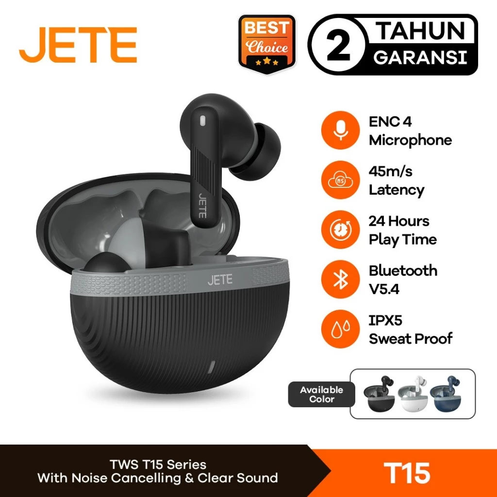 TWS Bluetooth ENC with 4 Mic JETE T15 BT 5.4 IPX5 Playtime 24H - Garansi 2th